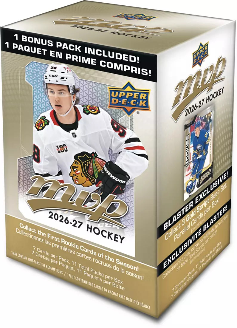 2026-27 Upper Deck MVP Hockey Blaster Box sealed retail packaging containing 10 packs and 1 exclusive Gold Script Bonus Pack, available at FineToys.ca